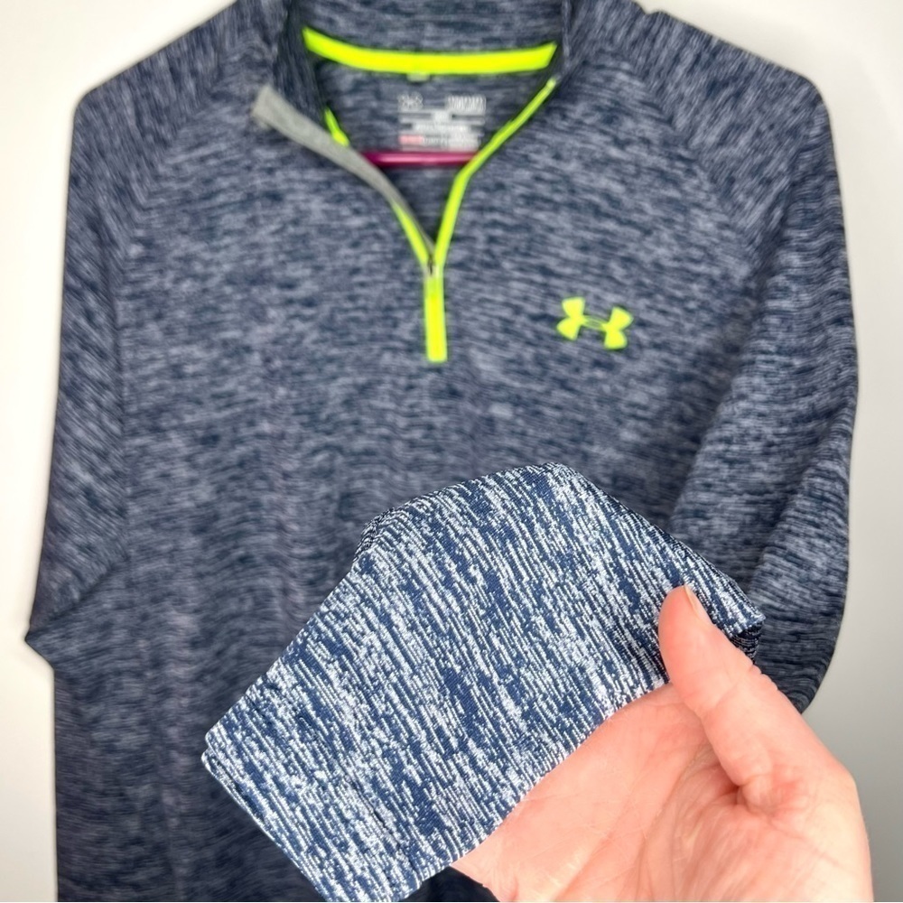 Under Armour Cold Gear Gray Navy Lime Chartreuse Long Sleeve Athletic Top Medium - Picture 8 of 15